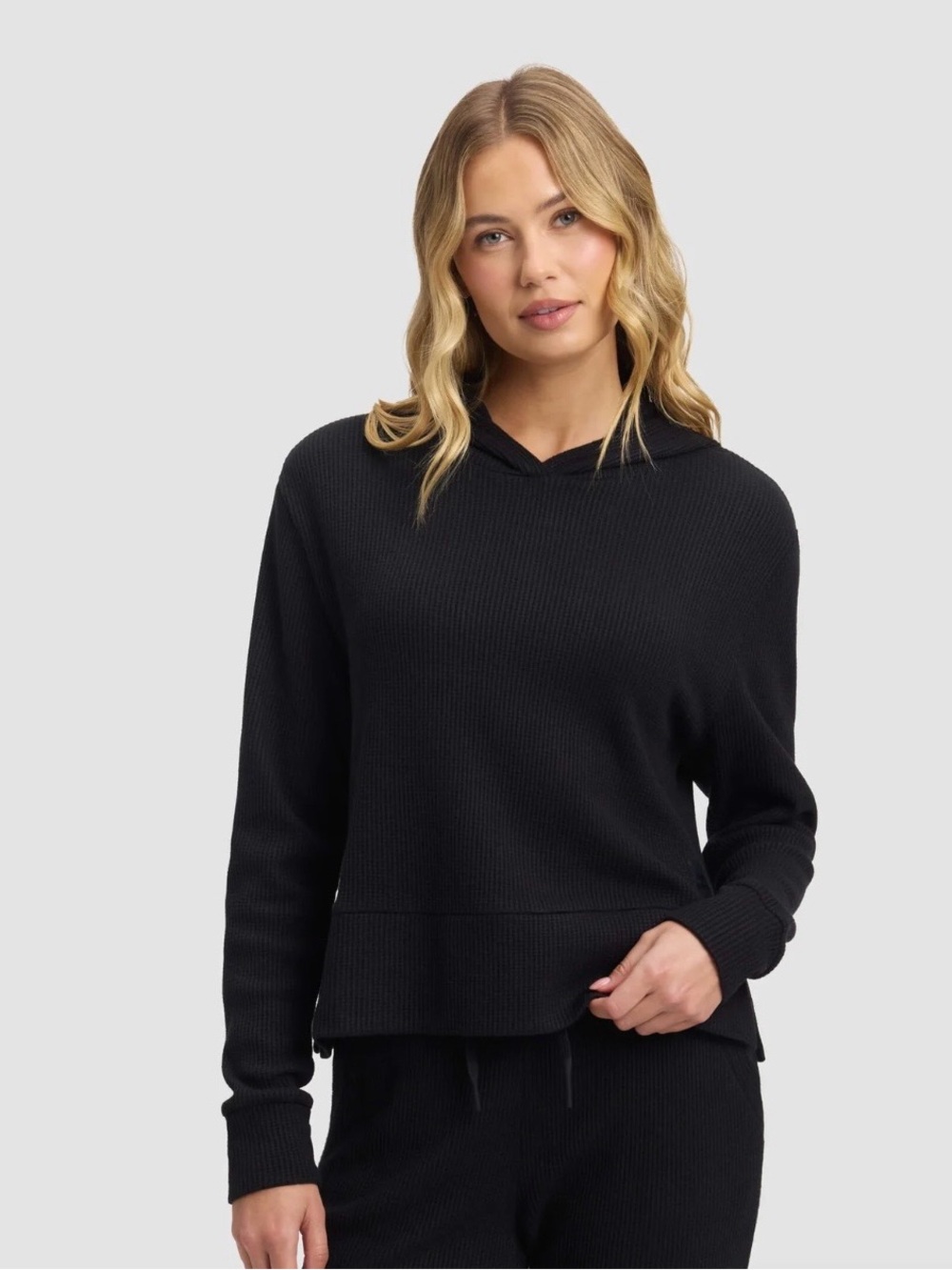 COZY EARTH Women's Black Waffle Hoodie Super Soft Sweatshirt NEW Large